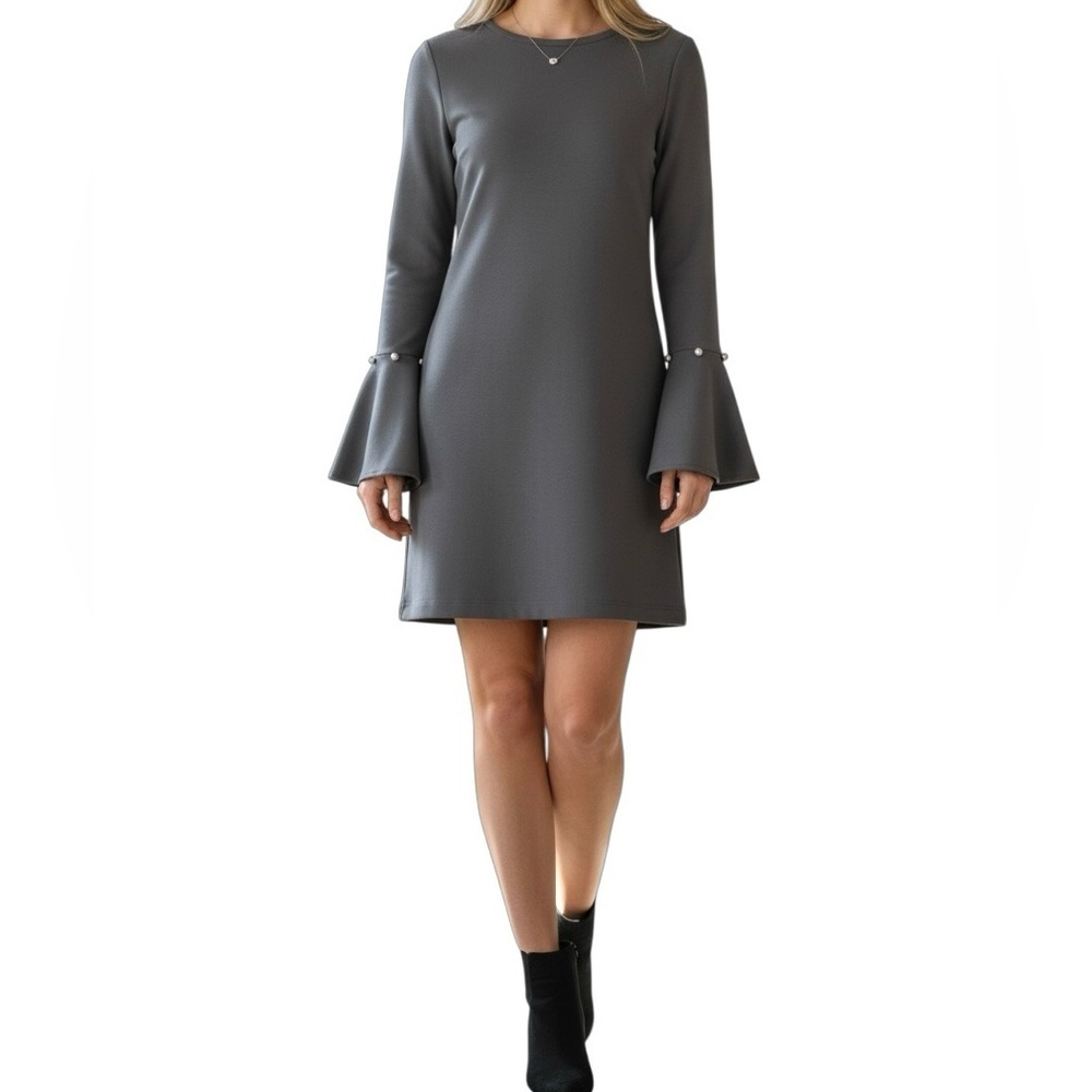 Lea & Viola Pearl Embellished Shift Dress Grey Bell sleeves Size S NEW‎ Feminine